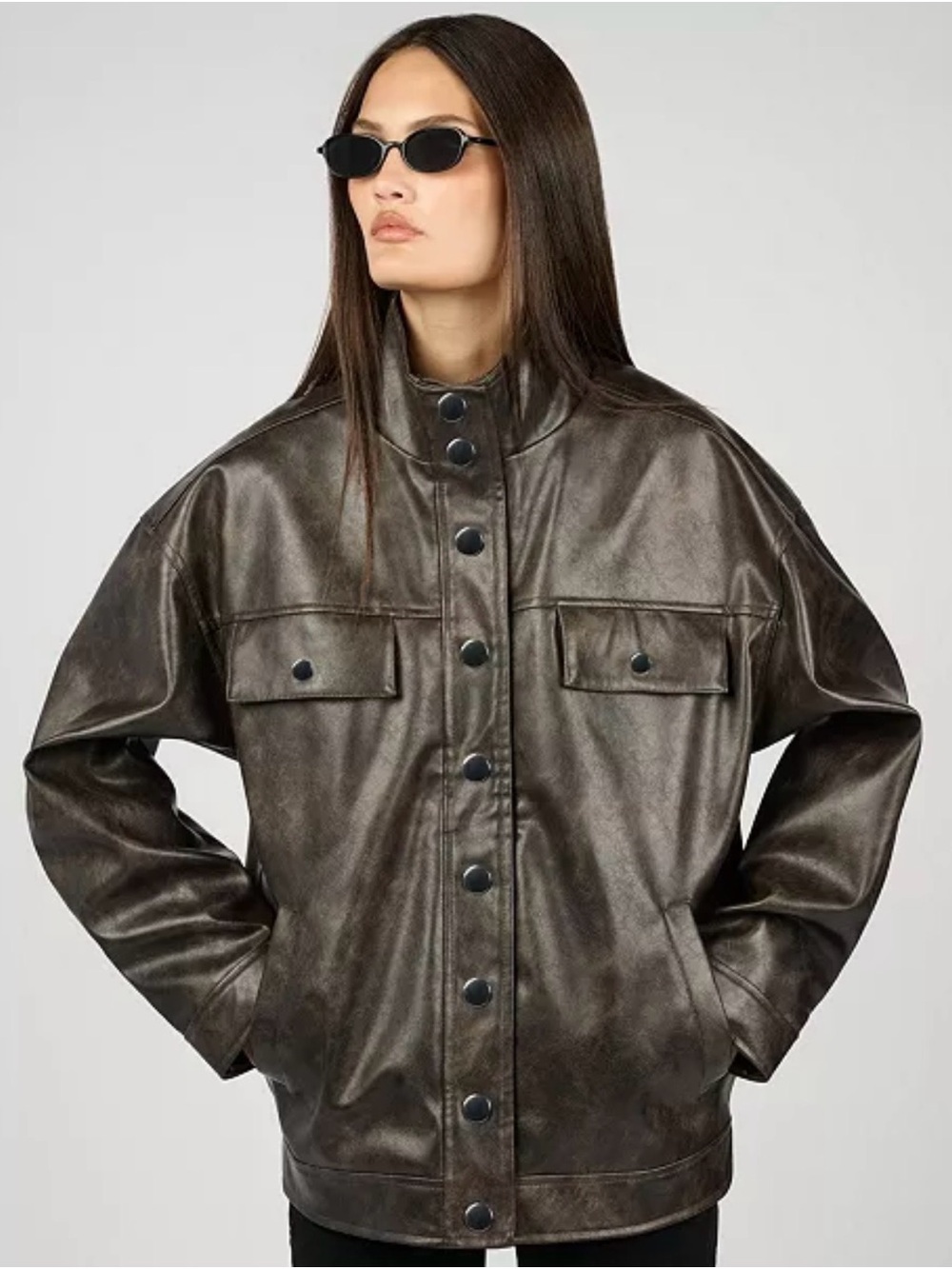 WeWoreWhat Brown Snap-Front Leather oversized Jacketed 90’s